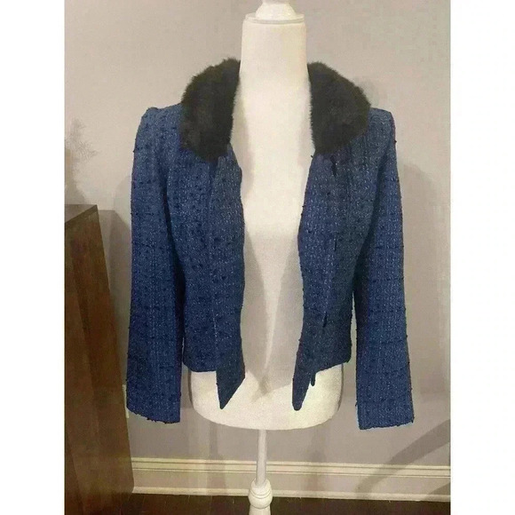 Vintage Jessica Howard 4P Blue Black Sparkle Tweed Faux Fur Collar Blazer Jacket - Picture 3 of 7
